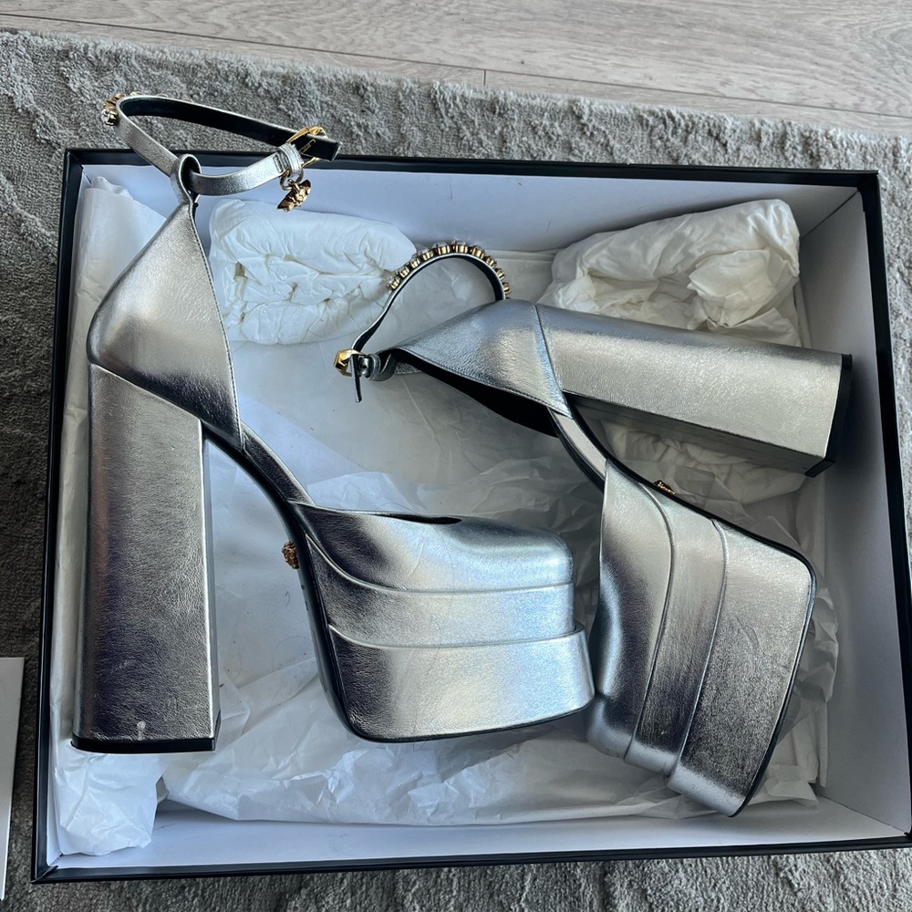 Versace Silver Platform Heels With Rhinestone Det… - image 5